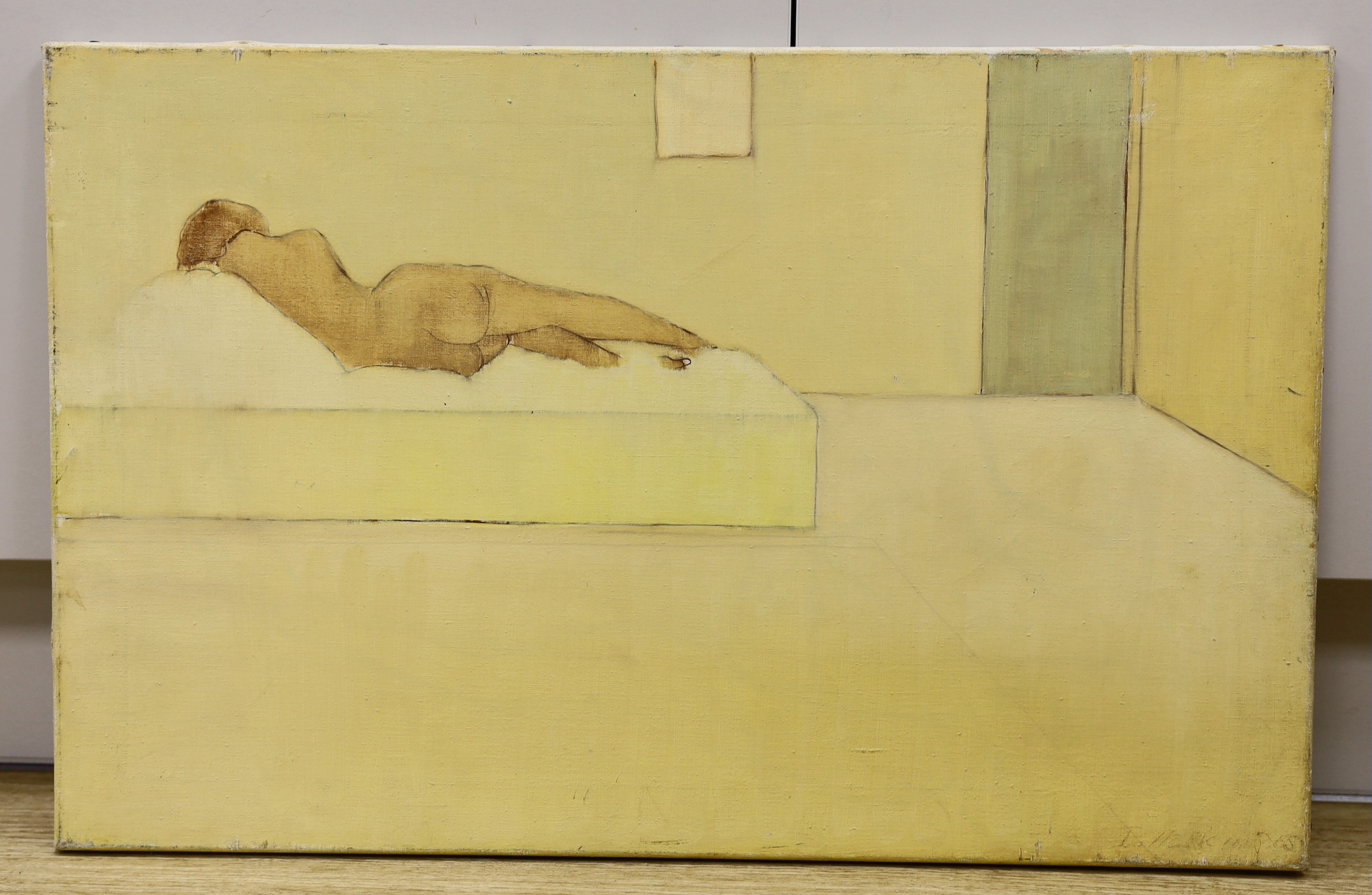 I. Hopkins (20th C.), oil on canvas, Reclining nude in a studio, signed and dated '65, 46 x 71cm, unframed